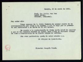 Minuta de la carta de Joaquín Feced a C. F. Adolf van Dam en la que acusa recibo de su cartas