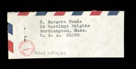 Recorte con la dirección postal de Tomás Navarro Tomás en Northampton