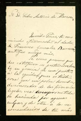 Carta de Emilio Castelar a Pedro Antonio de Alarcón en la que le pide que atienda el asunto de Fr...