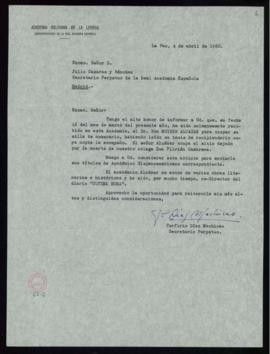 Carta de Porfirio Díaz Machicao a Julio Casares en la que le informa de que Moisés Alcázar ha sid...
