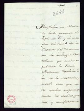 Carta de José Miguel de Flores a Francisco Antonio de Angulo en la que, de parte de la Real Acade...