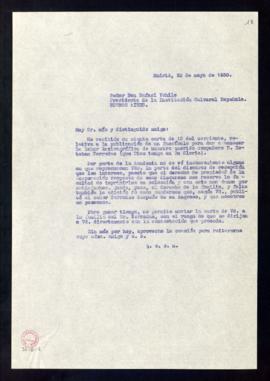 Copia sin firma de la carta enviada por el secretario a Rafael Vehils en la que le responde que, ...