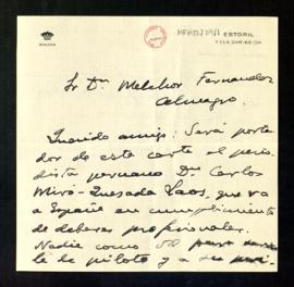 Carta de Gabriel Maura Gamazo a Melchor Fernández Almagro en la que le dice que el portador es el...