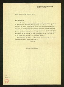 Copia de la carta de Pablo de Azcárate a Fernando Serrano Costa sobre la ponencia que presentó en...