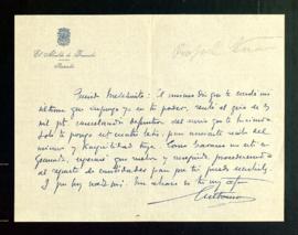 Carta de Antonio Gallego Burín, alcalde de Granada, a Melchor Fernández Almagro en la que acusa r...