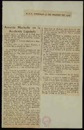 Recorte del diario ABC con la noticia Antonio Machado en la Academia Española