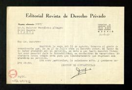 Carta de la Sección de Contabilidad de la Editorial Revista de Derecho Privado a Melchor Fernánde...