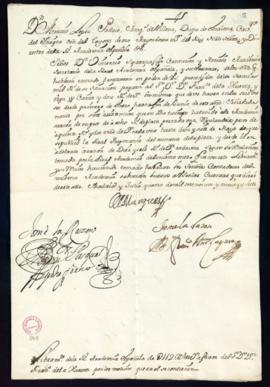 Orden del marqués de Villena del libramiento a favor de Francisco de la Huerta de 112 reales de v...