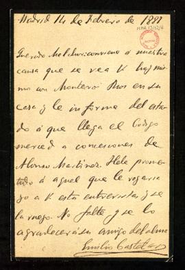Carta de Emilio Castelar a Melchor Almagro en la que le pide que se reúna con Montero Ríos para i...
