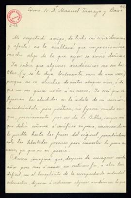 Carta de José María Carulla a Manuel Tamayo y Baus en la que solicita el apoyo de la Academia par...