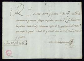 Recibo de Juan de Undajáuregui de 124 reales de vellón por cintuenta y nueve pliegos copiados, de...