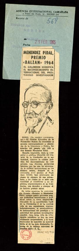 Recorte del diario Arriba con la noticia Menéndez Pidal, premio Balzan 1964