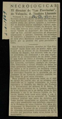 Recorte del diario ABC con la necrológica de Teodoro Llorente Falcó