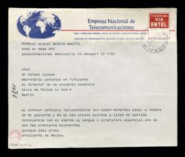 Telegrama de Gustavo Díaz Ordaz, presidente de México, a Rafael Lapesa, secretario de la Real Aca...
