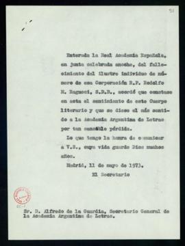 Copia sin firma del oficio de pésame del secretario a Alfredo de la Guardia, secretario general d...