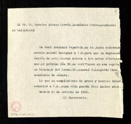 Copia sin firma del oficio del secretario a Narciso Alonso Cortés con su designación para represe...