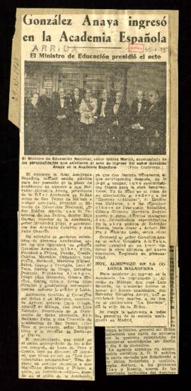 Recorte de prensa de Arriba con la crónica titulada González Anaya ingresó en la Academia Española