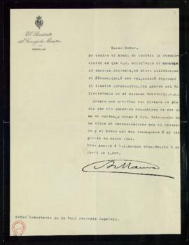 Carta de A[ntonio] Maura al secretario [Mariano Catalina] de agradecimiento a la Academia por el ...