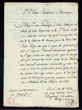 Carta de Rafael Sánchez de Aguilera a Juan Crisóstomo Alamanzón sobre la recepción de 80 resmas d...