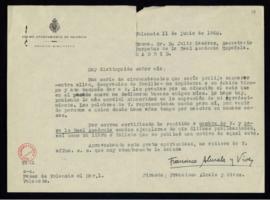 Carta de Francisco Almela y Vives a Julio Casares en la que le da las gracias por su adhesión al ...