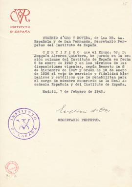Certificación de Eurgenio d'Ors y Rovira, secretario del Instituto de España, de la jura por Joaq...