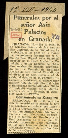 Recorte del diario Ya con la noticia sobre los funerales de Miguel Asín Palacios en Granada