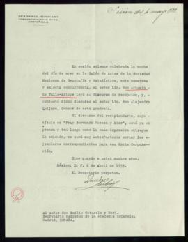 Oficio de Darío Rubio, secretario de la Academia Mexicana, a Emilio Cotarelo, secretario de la Re...