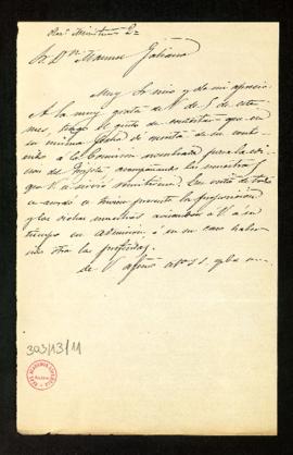 Minuta de la carta [de Juan Eugenio Hartzenbusch] a Manuel Galiano con la indicación de que las m...