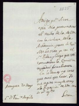 Carta de Ignacio de Luzán a Francisco [Antonio] de Angulo en la que le notifica que ha recibido l...