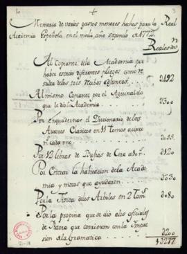 Memoria de varios gastos menores hechos para la Academia en el medio año segundo de 1772