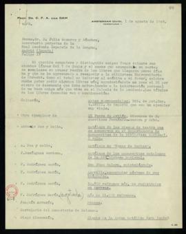 Carta de C. F. Adolf van Dam a Julio Casares en la que acusa recibo de los libros enviados, que r...