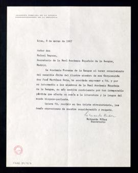 Carta de Estuardo Núñez, secretario de la Academia Peruana de la Lengua, a Rafael Lapesa, secreta...