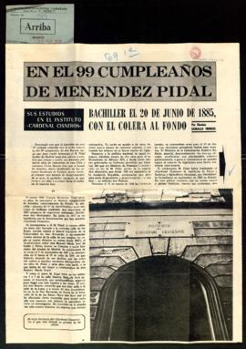 Recorte del diario Arriba con el artículo En el 99 cumpleaños de Menéndez Pidal, por Dionisio Gam...
