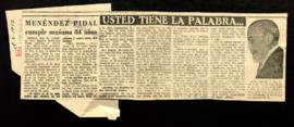Recorte del diario Informaciones con el artículo Menéndez Pidal cumple mañana 84 años, por J. C.