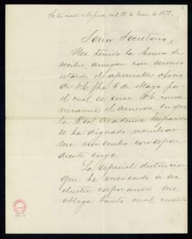 Carta de Manuel Pardo a Antonio María Segovia en la que acusa recibo de su nombramiento como acad...