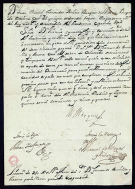 Orden del marqués de Villena a Vincencio Squarzafigo de libramiento a favor de Fernando Bustillos...