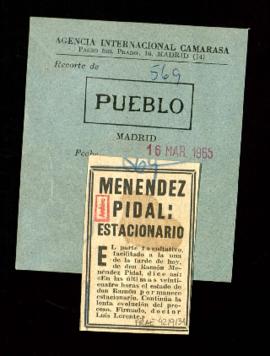 Recorte del diario Pueblo con la noticia Menéndez Pidal: estacionario