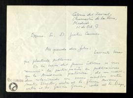 Carta de Dámaso Alonso a Julio Casares en la que le informa de que el individuo cuya participació...