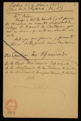 Tarjeta postal de Cándido de Figueiredo al secretario, Mariano Catalina, en la que le pregunta si...