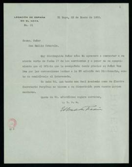Carta de conde de Pradere, embajador en La Haya, a Emilio Cotarelo en la que pone en su conocimie...