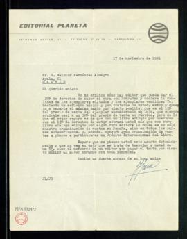 Carta de José Manuel Lara a Melchor Fernández Almagro en la que le dice que está dispuesto a paga...
