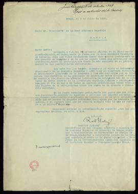 Carta de Rodolfo J. Slabý al director con la que remite las primeras 80 páginas de su Diccionario...