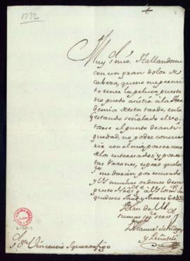 Carta de Manuel de Villegas y Piñateli a Vincencio Squarzafigo en la que excusa su asistencia a l...