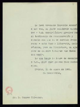 Copia del oficio de Julio Casares a Gunnar Tilander en el que le agradece el envío de un ejemplar...