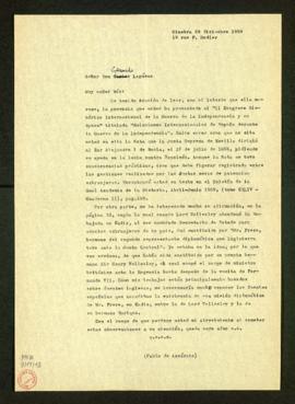 Copia de la carta de Pablo de Azcárate a Gerardo Lagüens sobre la ponencia que presentó en el II ...