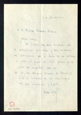 Carta de Carmen Laforet a Melchor Fernández Almagro en la que le da las gracias por su felicitaci...