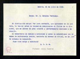 Carta de Julio Casares a Esteban Terradas para agradecerle que le haya comunicado el índice de su...