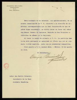 Carta de Enrique Fernández Granados, secretario de la Academia Mexicana, a Emilio Cotarelo y Mori...