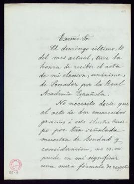 Carta del marqués de Valmar al director, el conde de Cheste, de agradecimiento a la Academia por ...