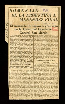 Recorte del diario Ya con la noticia Homenaje de la Argentina a Menéndez Pidal